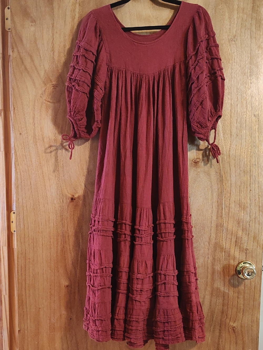 Boho Peasant Dress Brick Red Slub Puff Sleeve Ruffled Tiers Victorian Ren Fair S - Picture 1 of 16
